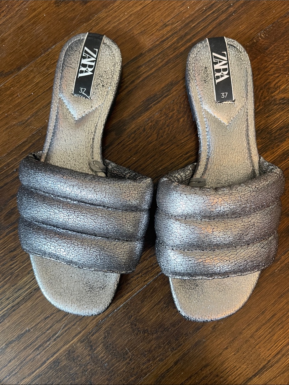 Zara Silver Quilted Slide Sandals